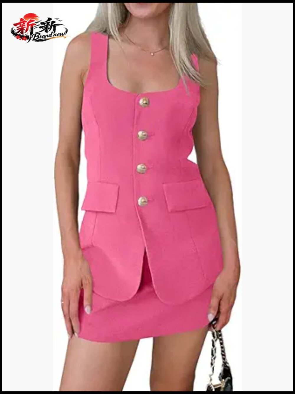 Sleeveless Scoop Neck Fitted Blazer Vest Matching Set Mini Skirt Short Suit